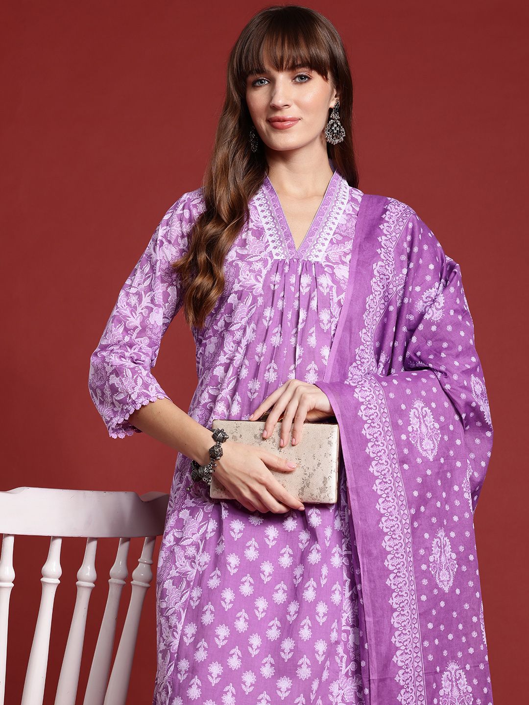 Indo Era Floral Printed Pleated Pure Cotton Kurta With Trousers & Dupatta