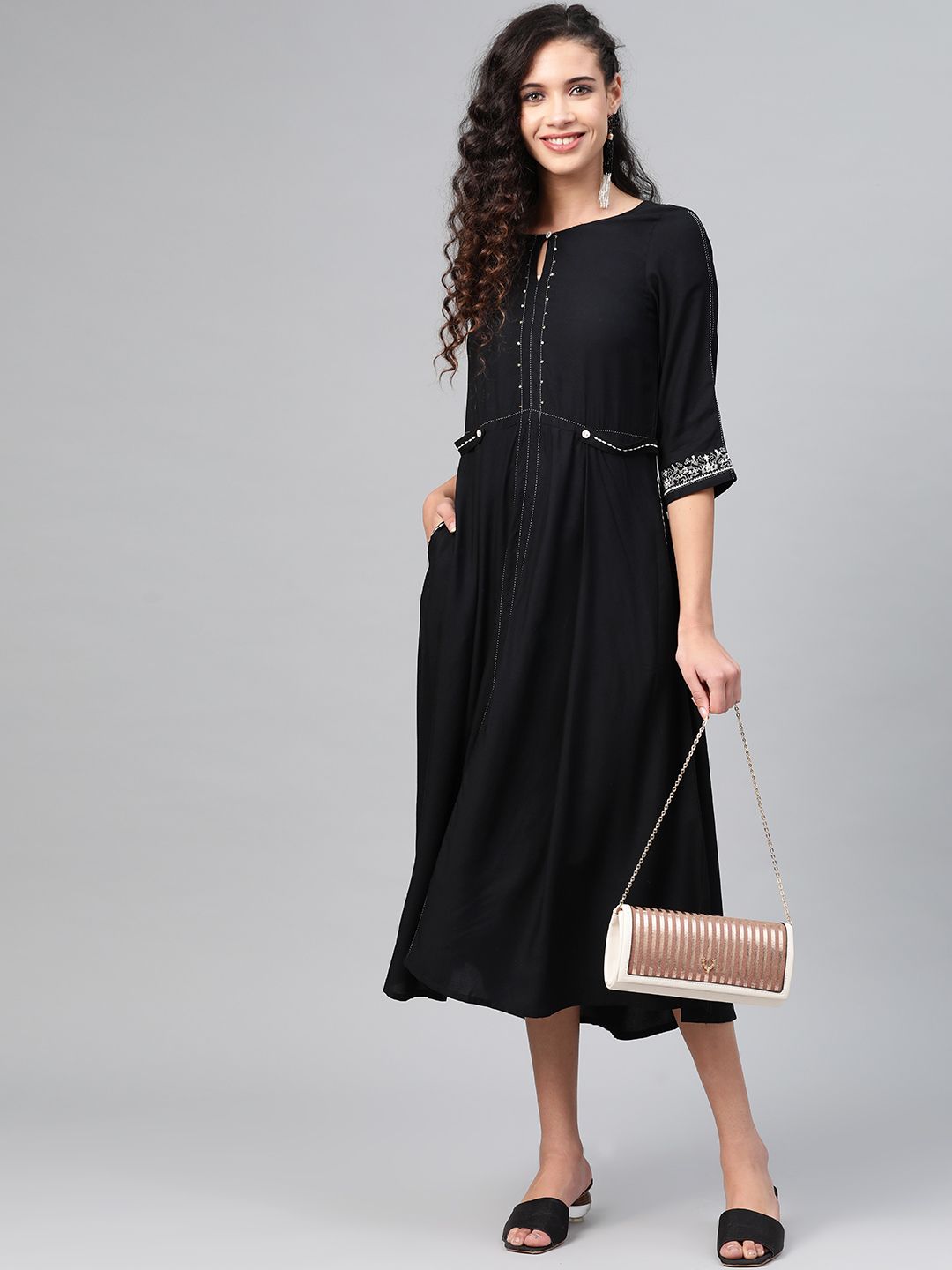 W Women Black Solid A-Line Dress