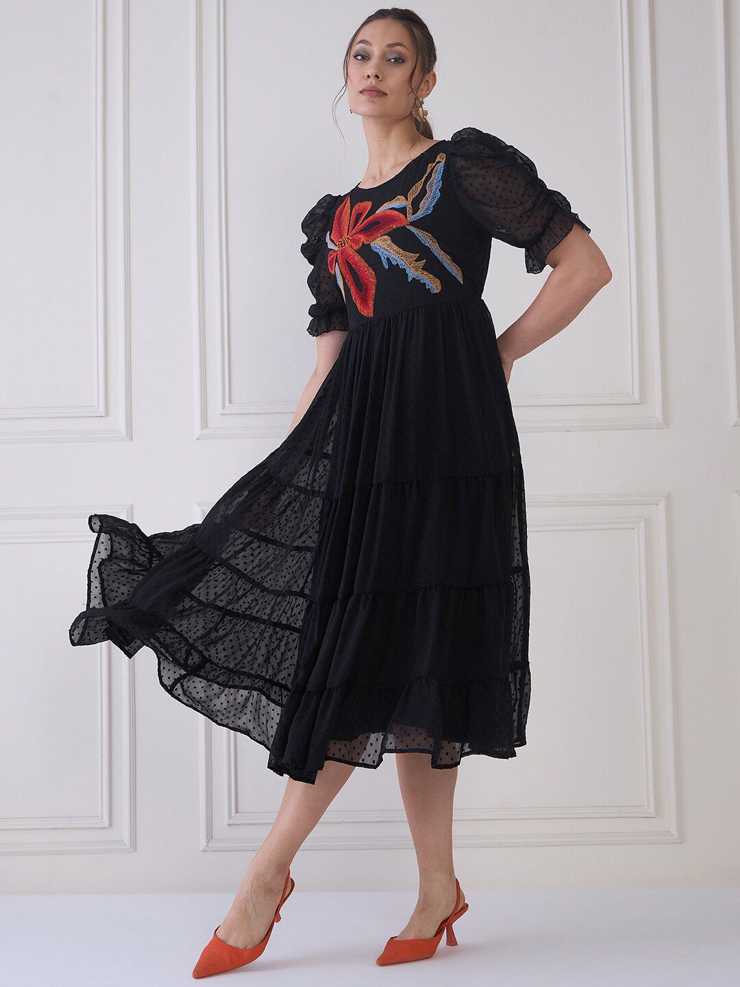 Antheaa Embroidered Round Neck Puff Sleeve Tiered Fit & Flare Midi Dress