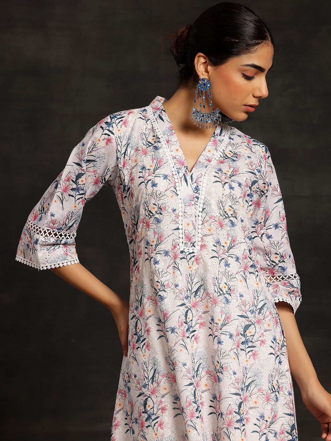 Libas Floral Printed V-Neck Regular Chikankari Kurta with Palazzos