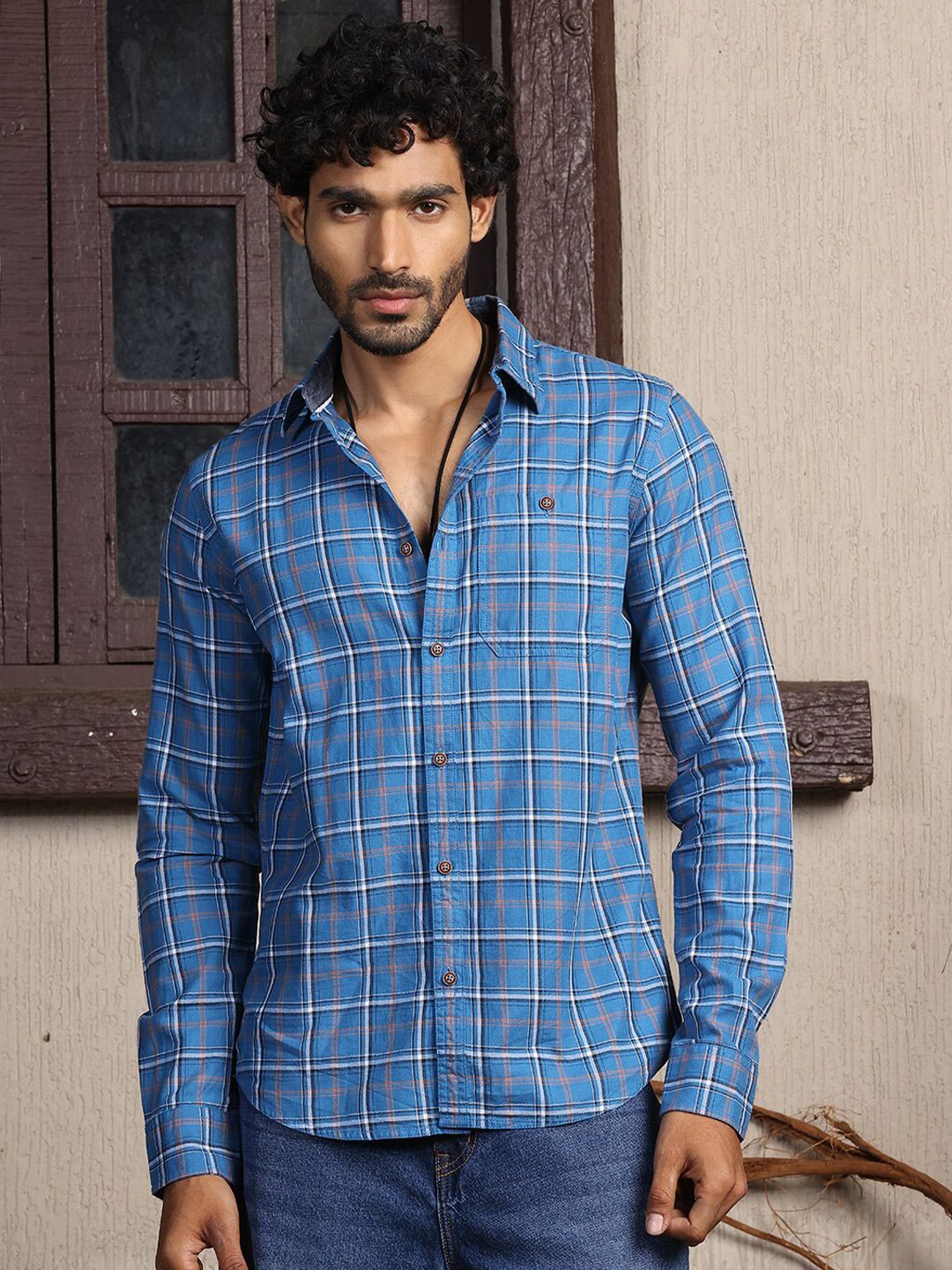 Thomas Scott Premium Slim Fit Tartan Checks Opaque Cotton Casual Shirt