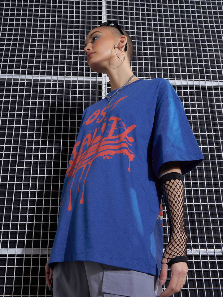 SASSAFRAS Blue Graphic Printed Drop-Shoulder Oversized Pure Cotton T-shirt