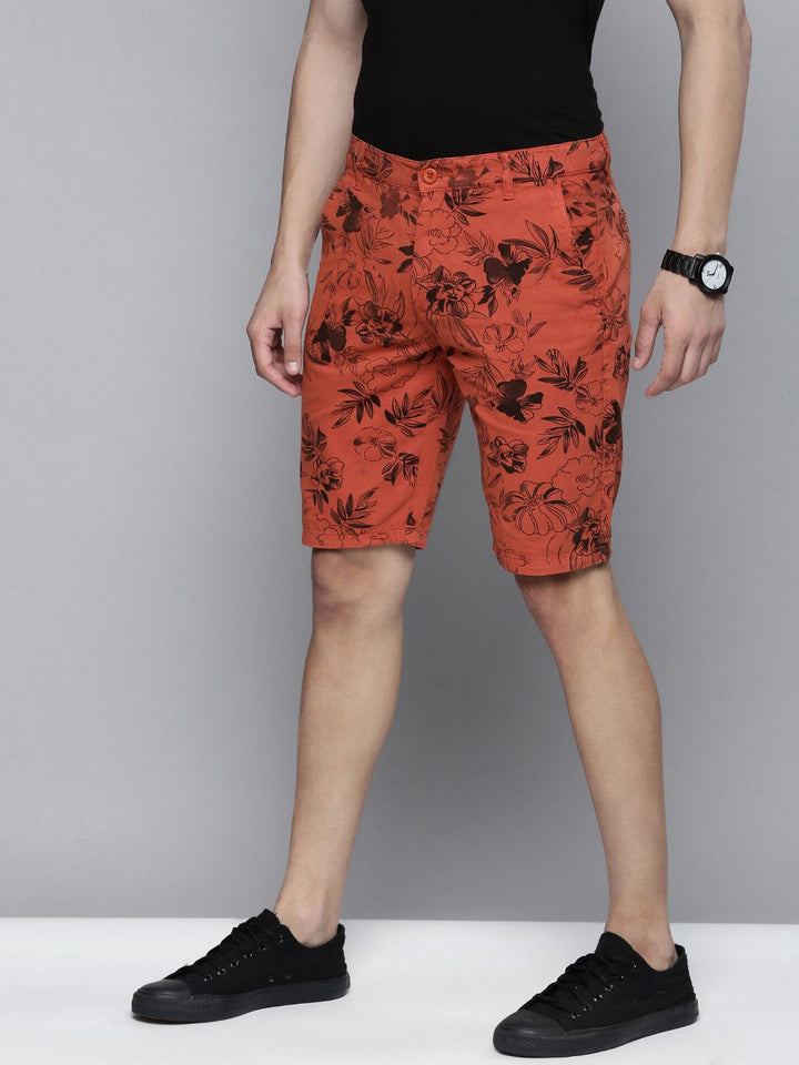 The Indian Garage Co Men Rust Floral Printed Slim Fit Regular Shorts