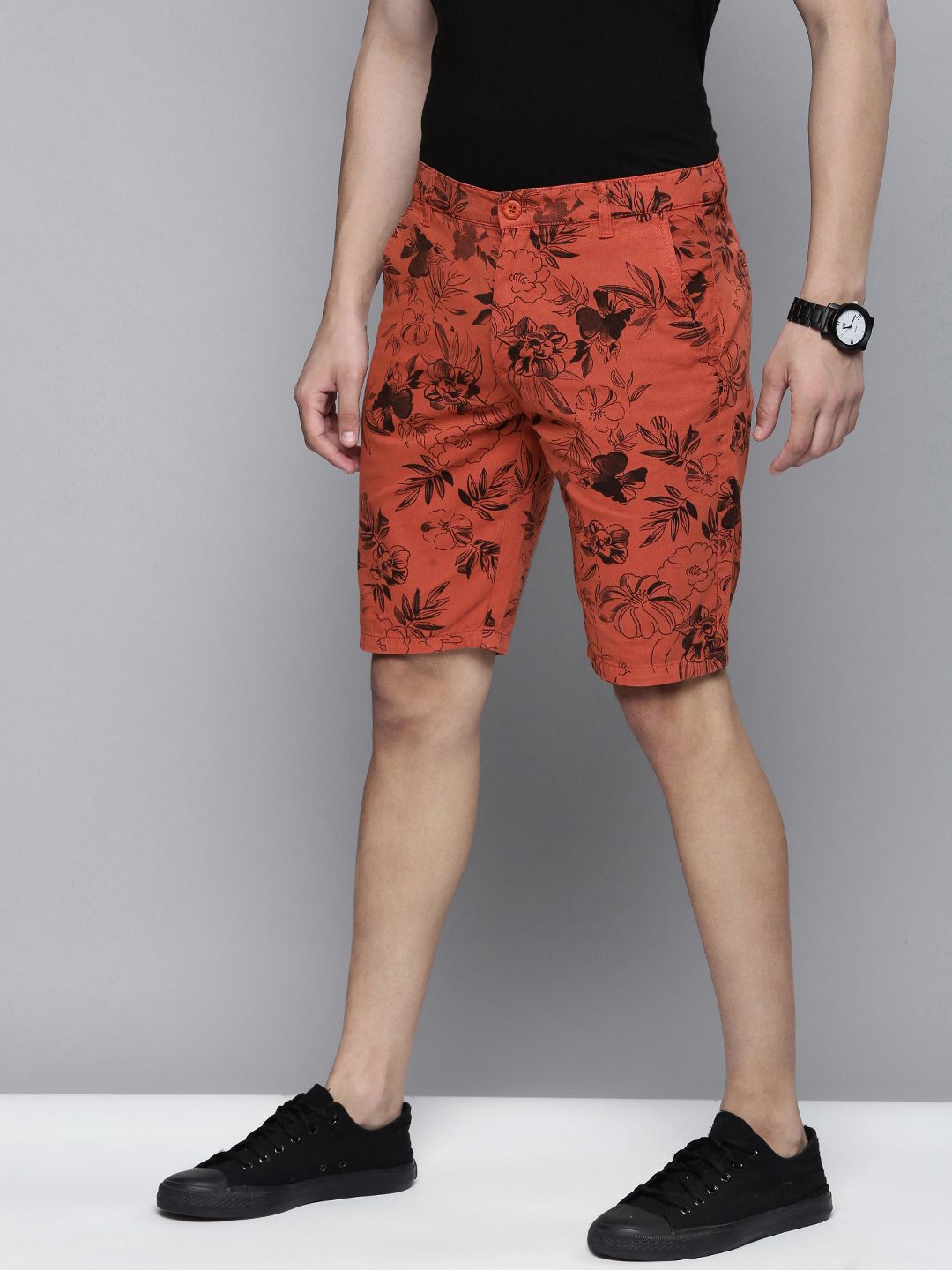 The Indian Garage Co Men Rust Floral Printed Slim Fit Regular Shorts