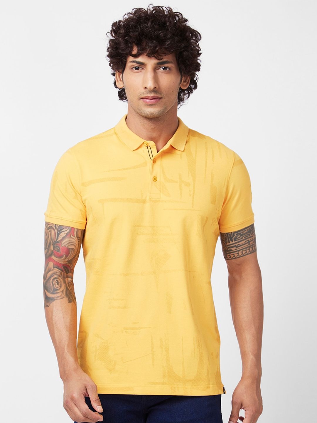 SPYKAR Abstract Printed Polo Collar Slim Fit Cotton T-shirt