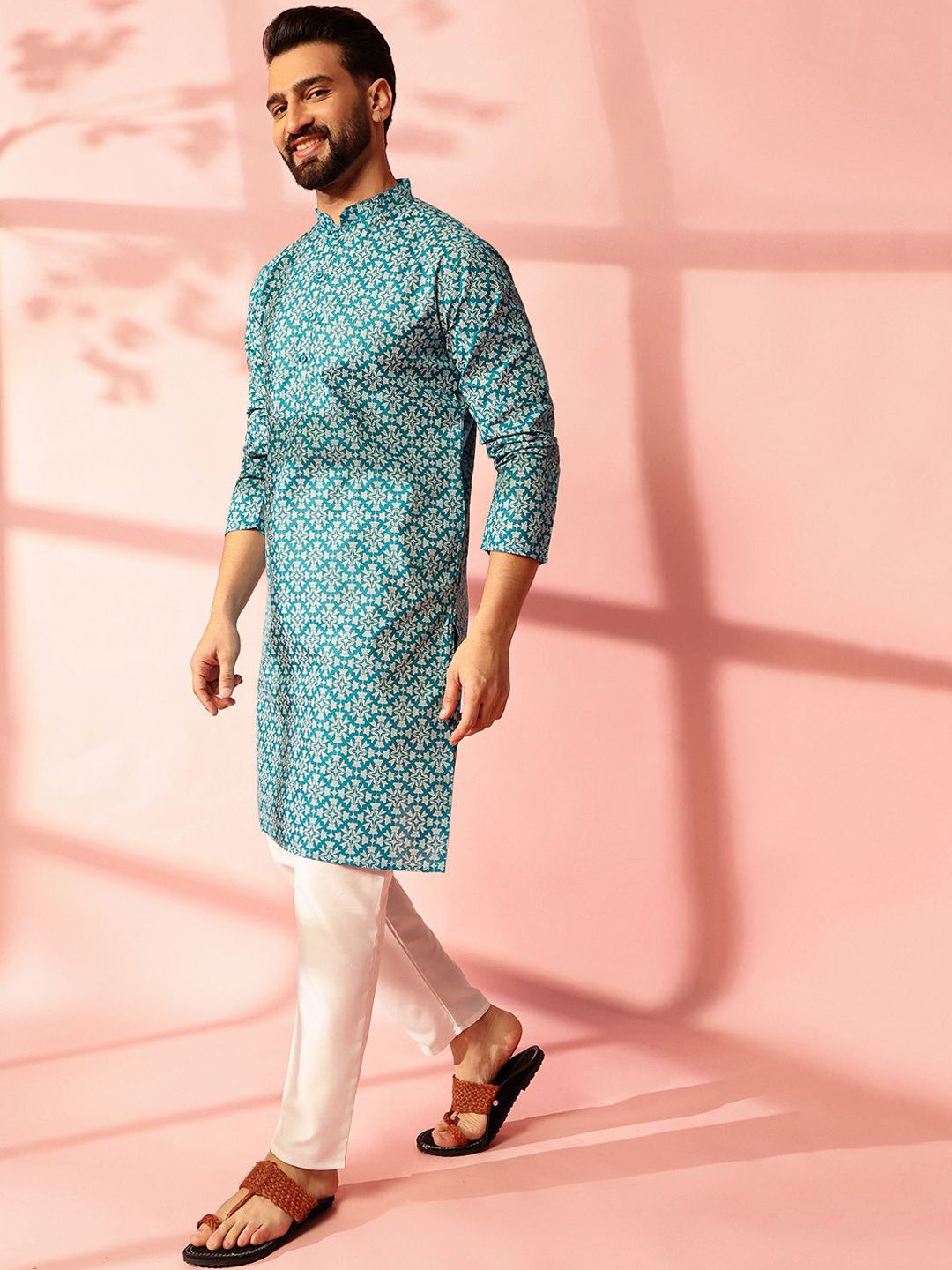 Anouk Floral Printed Mandarin Collar Cotton Linen Straight Kurta