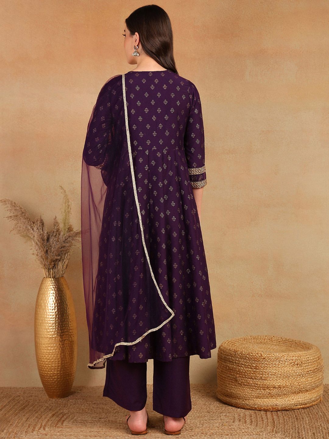KALINI Ethnic Motifs Printed Anarkali Mirror Work Kurta With Trousers & Dupatta