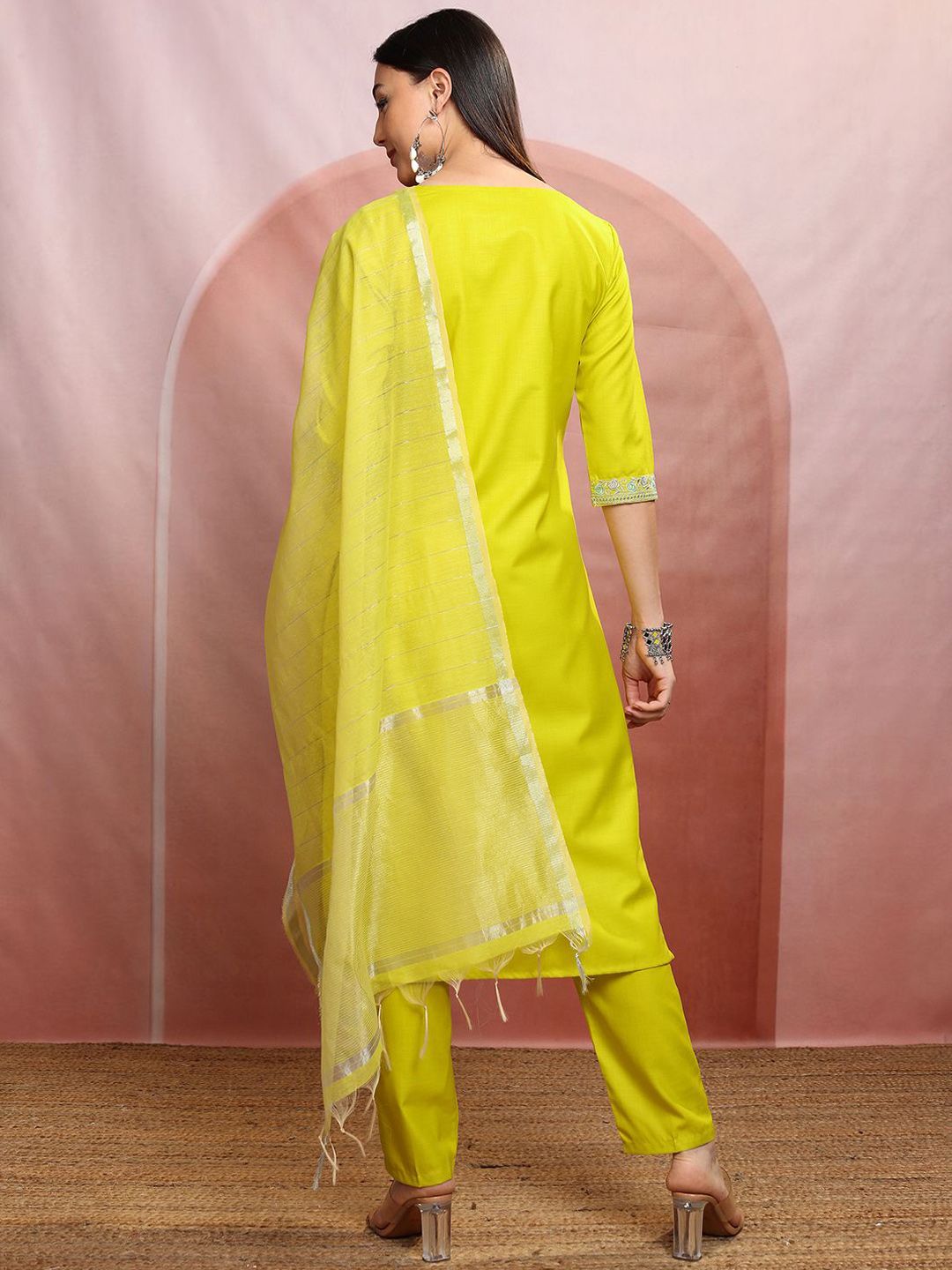Vishudh Lime Green Floral Yoke Design Thread Work Straight Kurta With Trousers & Dupatta
