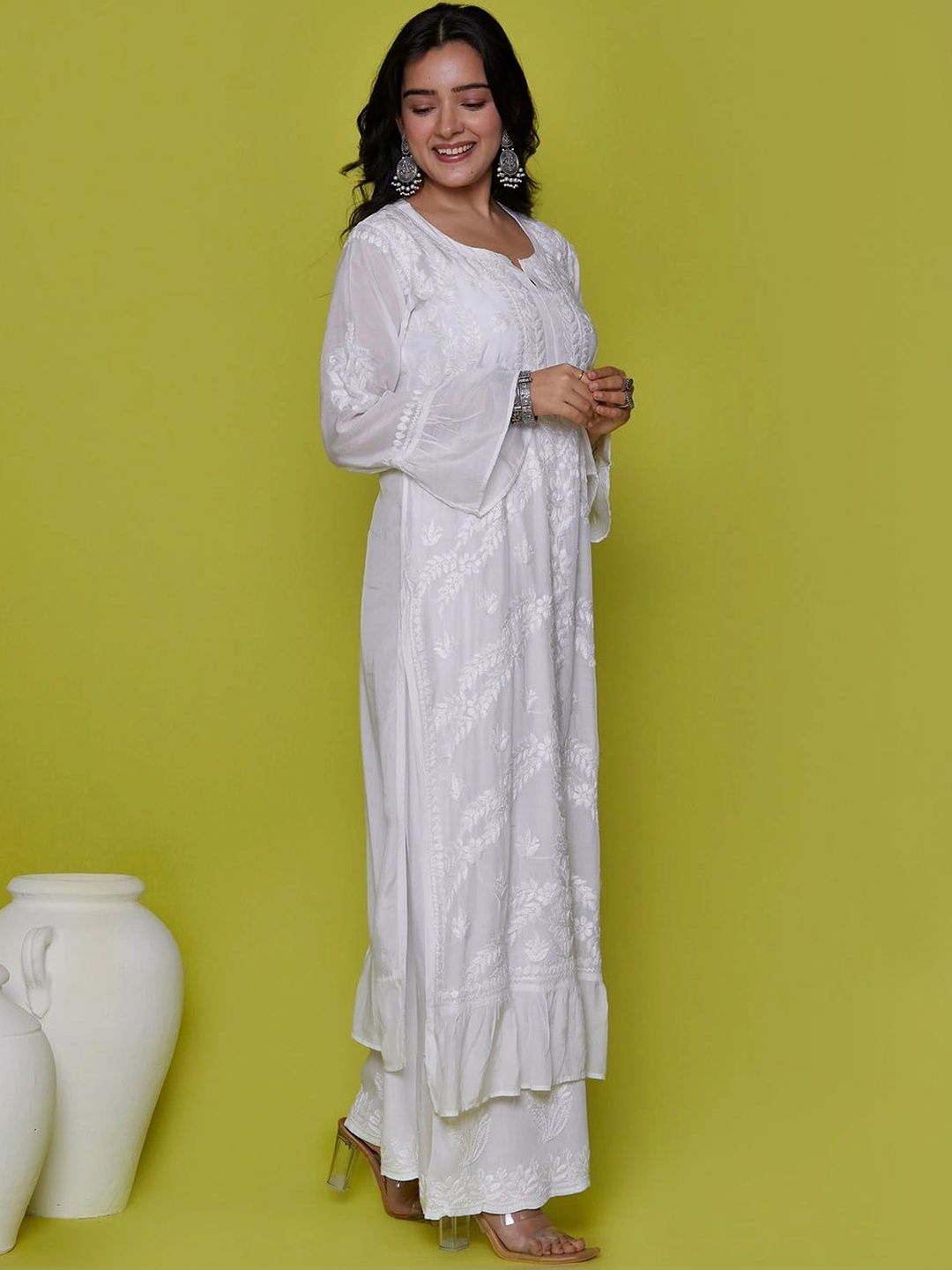 Rumah Chikankari Wanita Sulam Lengan Berkobar Chikankari White Romance Kurta