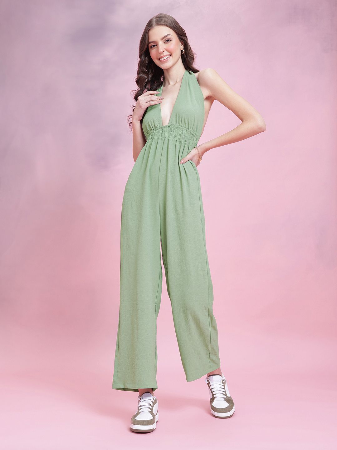 DressBerry Smocked Detail Halter Neck Backless Jumpsuit