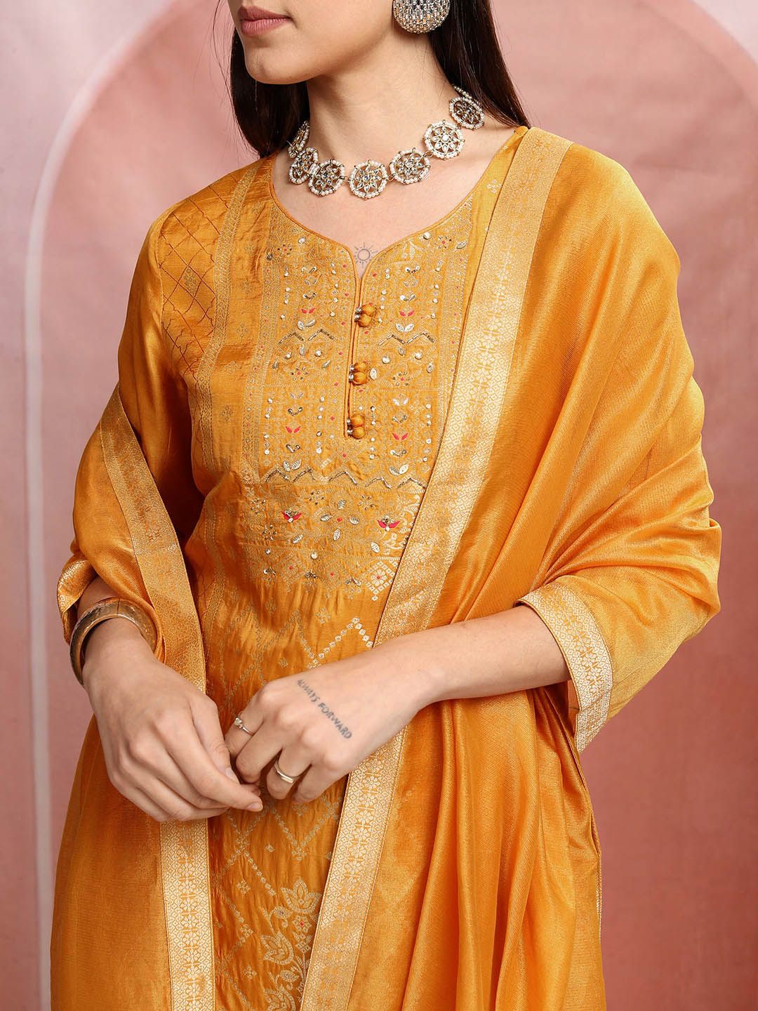 Vishudh Mustard Yellow Ethnic Motifs Embroidered Straight Kurta & Trousers With Dupatta