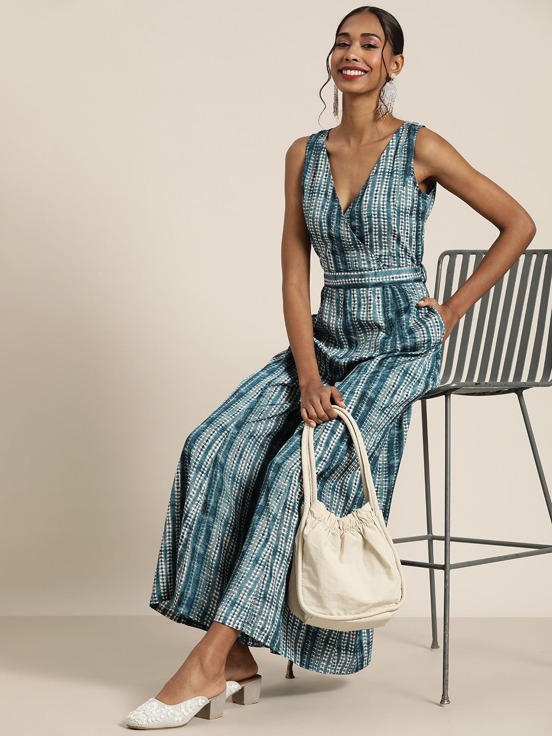 Shae by SASSAFRAS Teal & White Printed Basic Jumpsuit