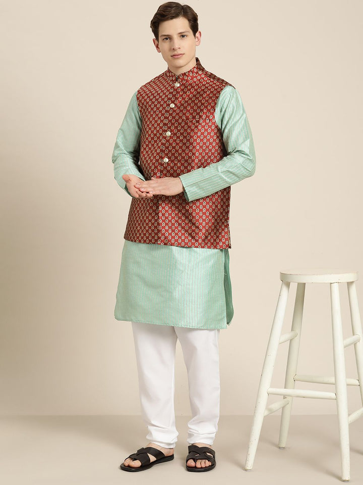 SOJANYA Lelaki Benang Hijau Laut & Beige Berjalur Bekerja Lurus Kurta Churidar & Jaket Nehru