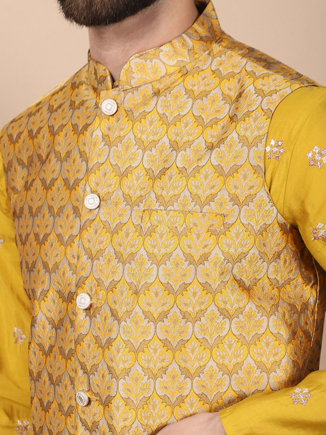 Anouk Mustard-Yellow Floral Embroidered Cotton Silk Kurta with Churidar & Nehru Jacket