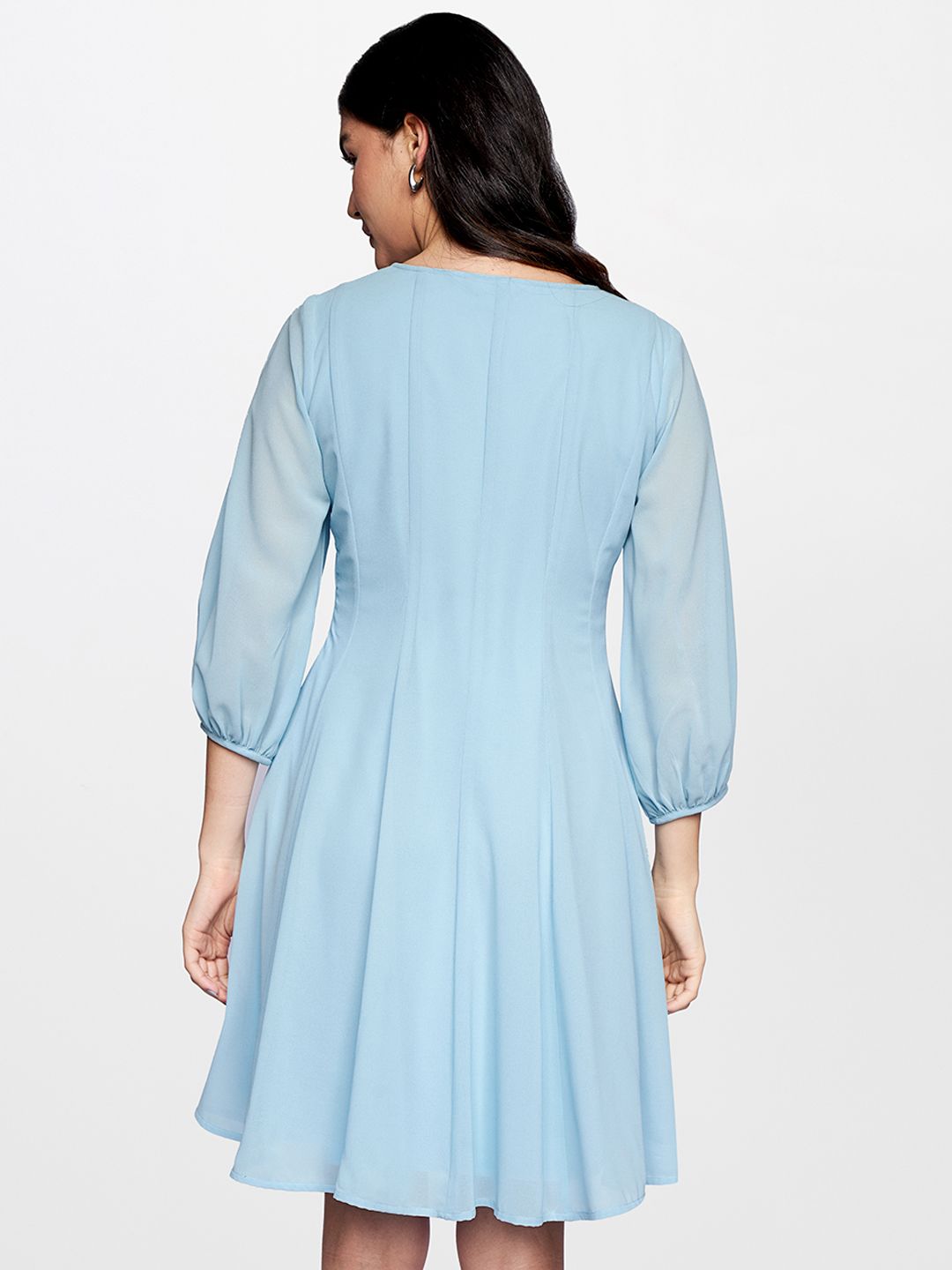 AND Blue Solid Gathered A-Line Dress