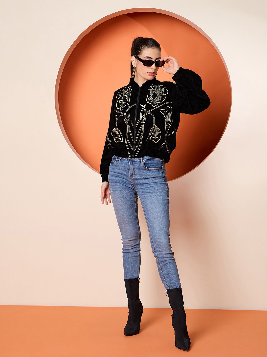 Antheaa Women Velvet Embroidered Bomber Jacket
