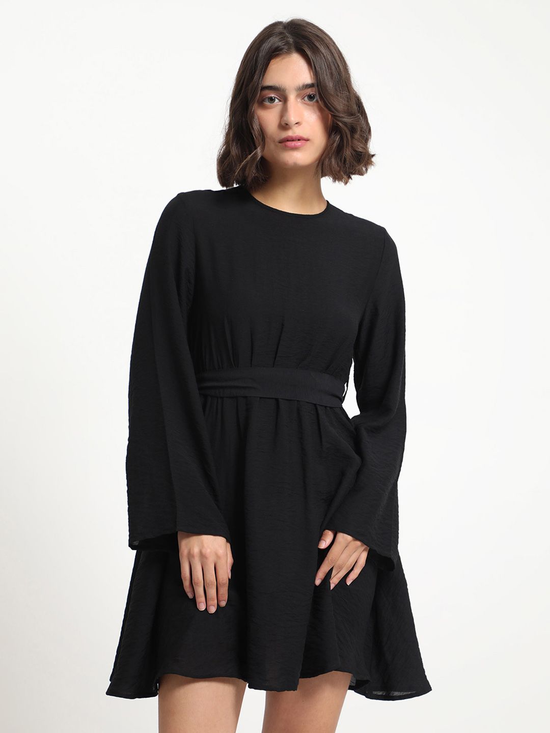 RAREISM Round Neck Flared Sleeves Gathered Fit & Flare Dress