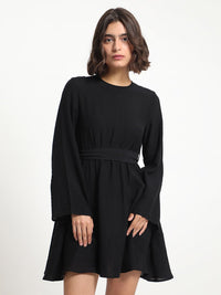RAREISM Round Neck Flared Sleeves Gathered Fit & Flare Dress