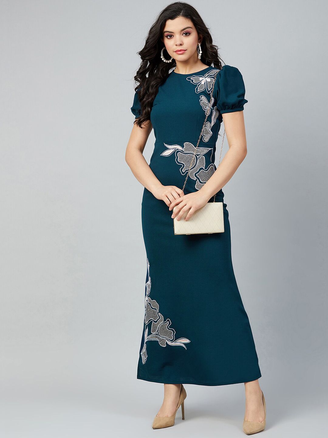Athena Teal Blue & White Embroidered Maxi Dress