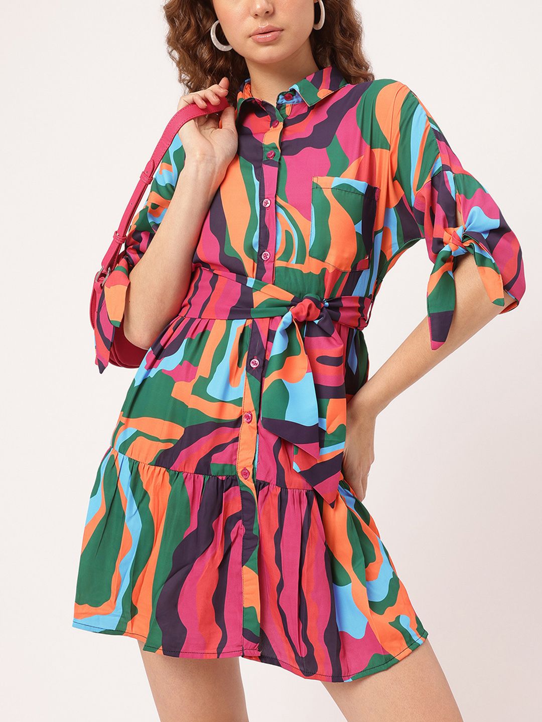 DressBerry Knotty & Nice Color Splashed Tie-Up Tiered Mini Dress