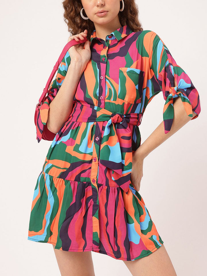 DressBerry Knotty & Nice Color Splashed Tie-Up Tiered Mini Dress