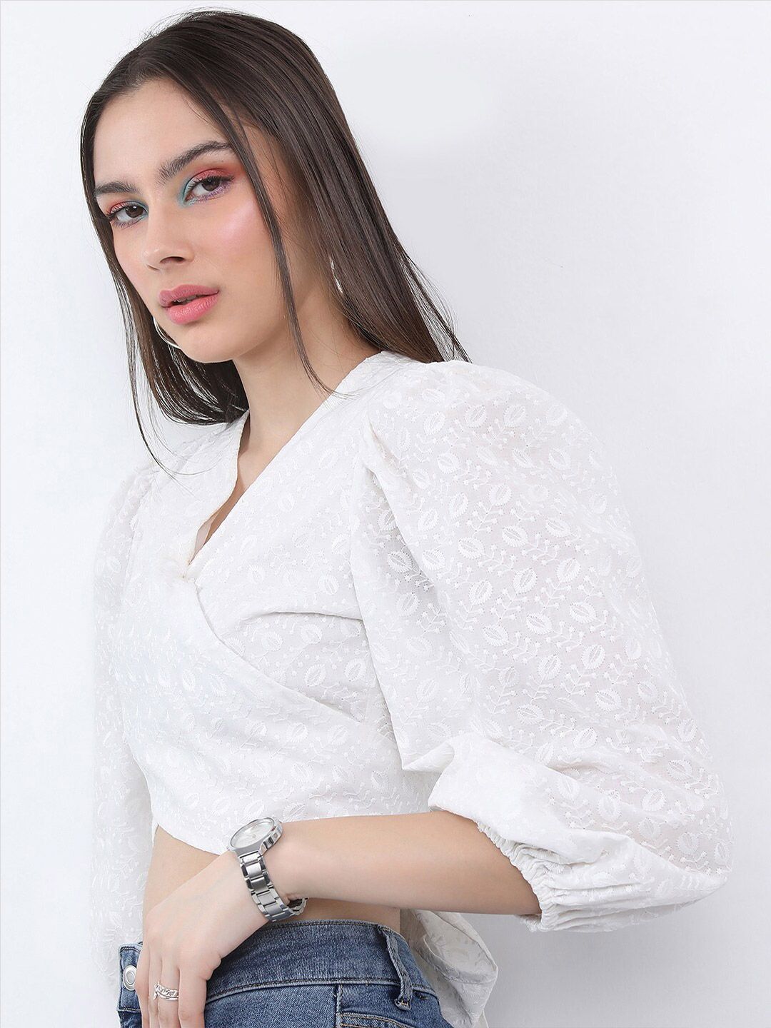 Tokyo Talkies Floral Embroidered V-Neck Puff Sleeve Wrap Crop Top