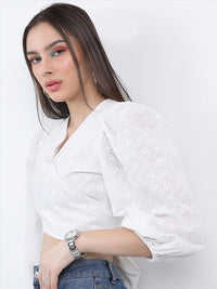 Tokyo Talkies Floral Embroidered V-Neck Puff Sleeve Wrap Crop Top