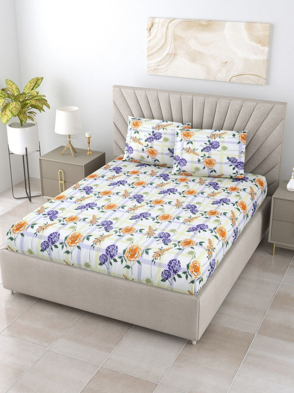 BOMBAY DYEING Florentine White Floral Pure Cotton 144TC Queen Bedsheet Set 2.28 m X 2.54m