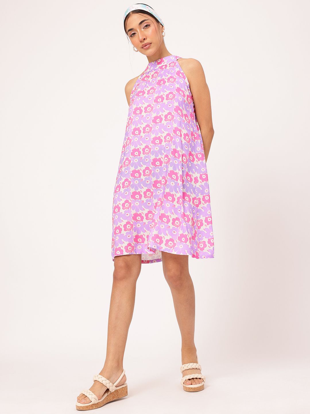 DressBerry Blooming Petal-Printed Cute Fusion Halter Neck Tie Up Dress