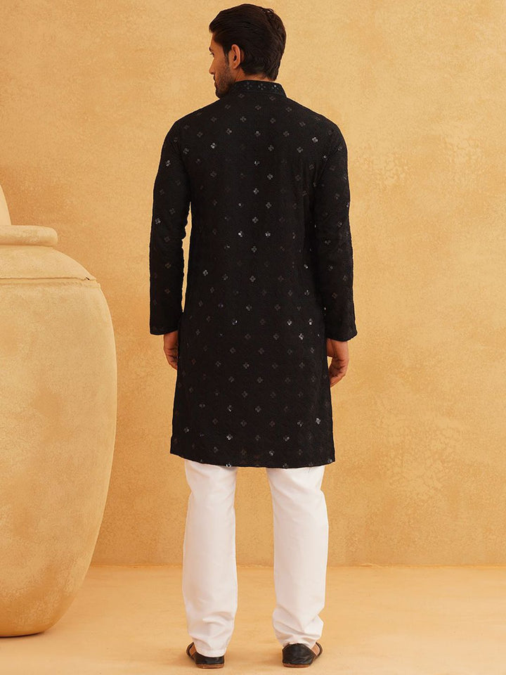 SOJANYA Geometric Embroidered Mandarin Collar Sequinned Pure Cotton Kurta with Churidar
