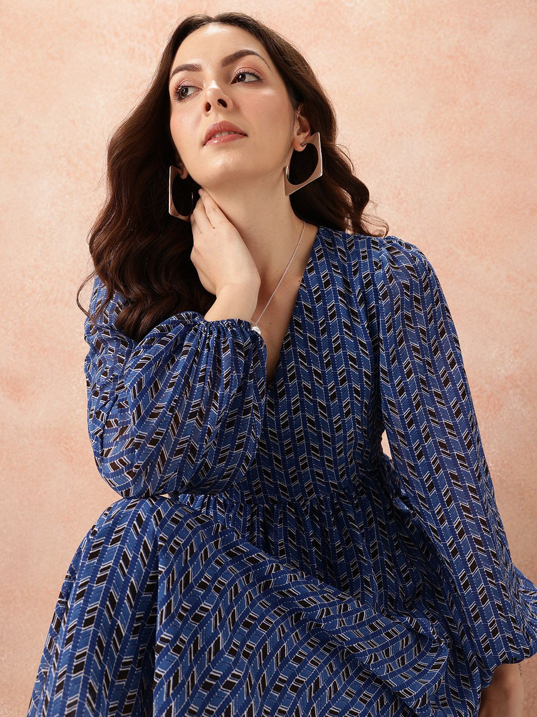all about you Geometric Print Puff Sleeve Fit & Flare Midi Dress