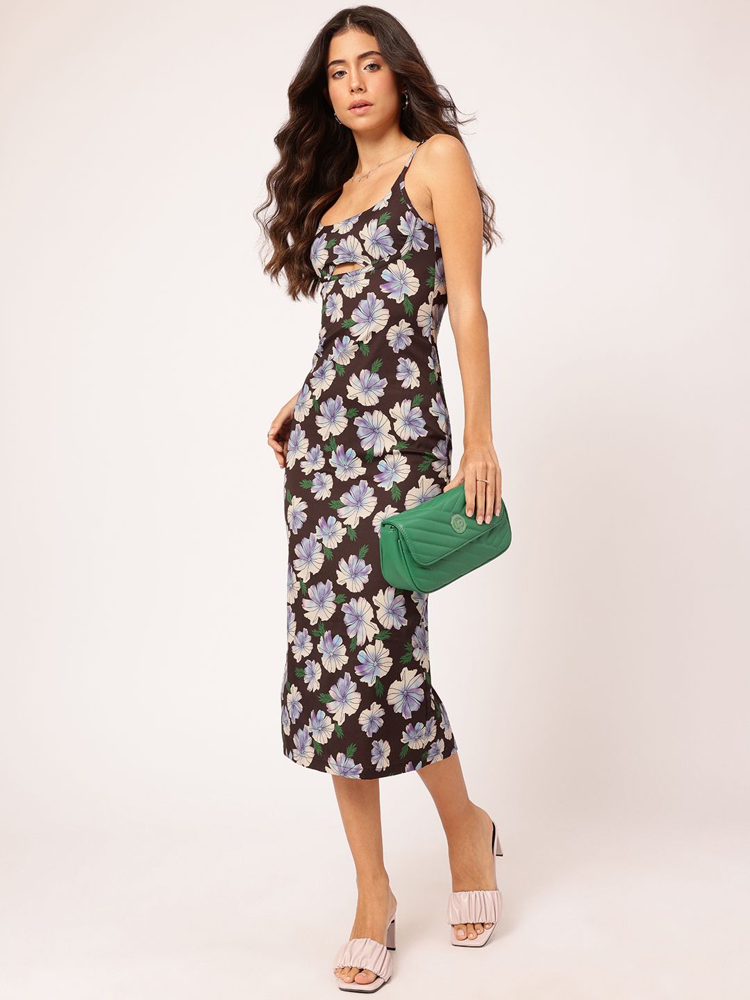 DressBerry Floral Printed Shoulder Straps Sheath Midi Dress