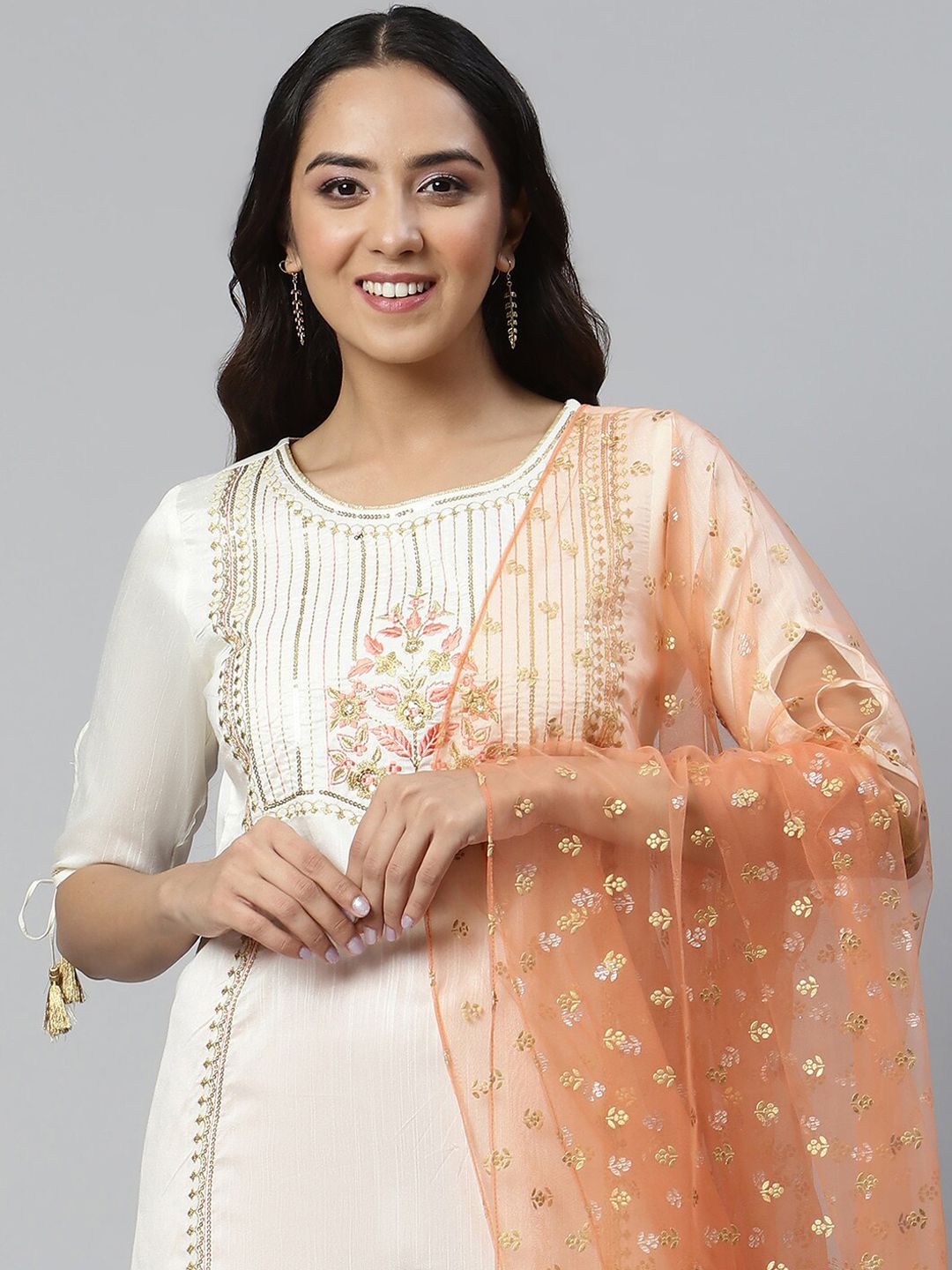 AURELIA Women White Yoke Design Panelled Sequined LIVA Kurti with Palazzos & With Dupatta