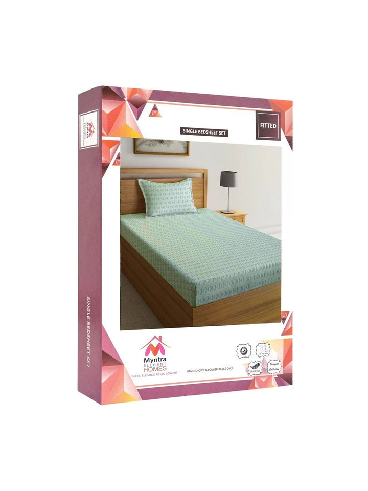 Myntra Elegant Homes Green Geometric 300 TC Single Bedsheet with 1 Pillow Covers