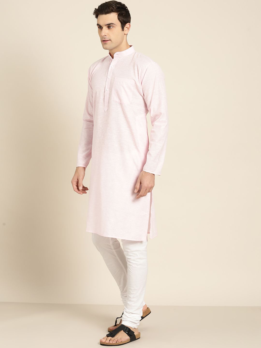 SOJANYA Men Pink & White Striped Straight Kurta