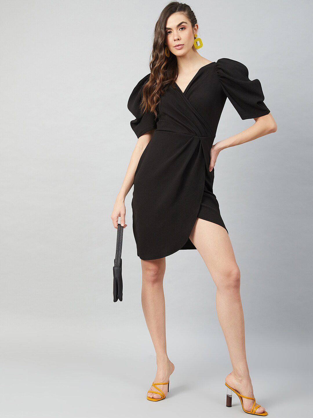 Athena Black Tulip Wrap Dress With Volume Sleeves