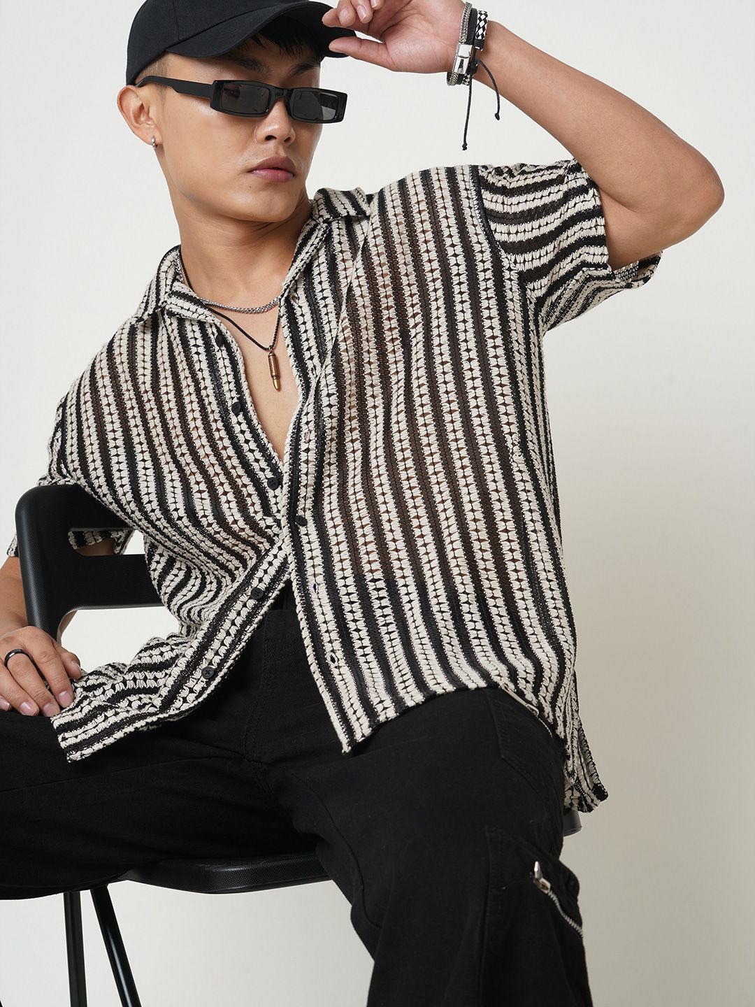 VASTRADO Men Classic Cuban Collar Multi Striped Pure Cotton Oversized Casual Shirt