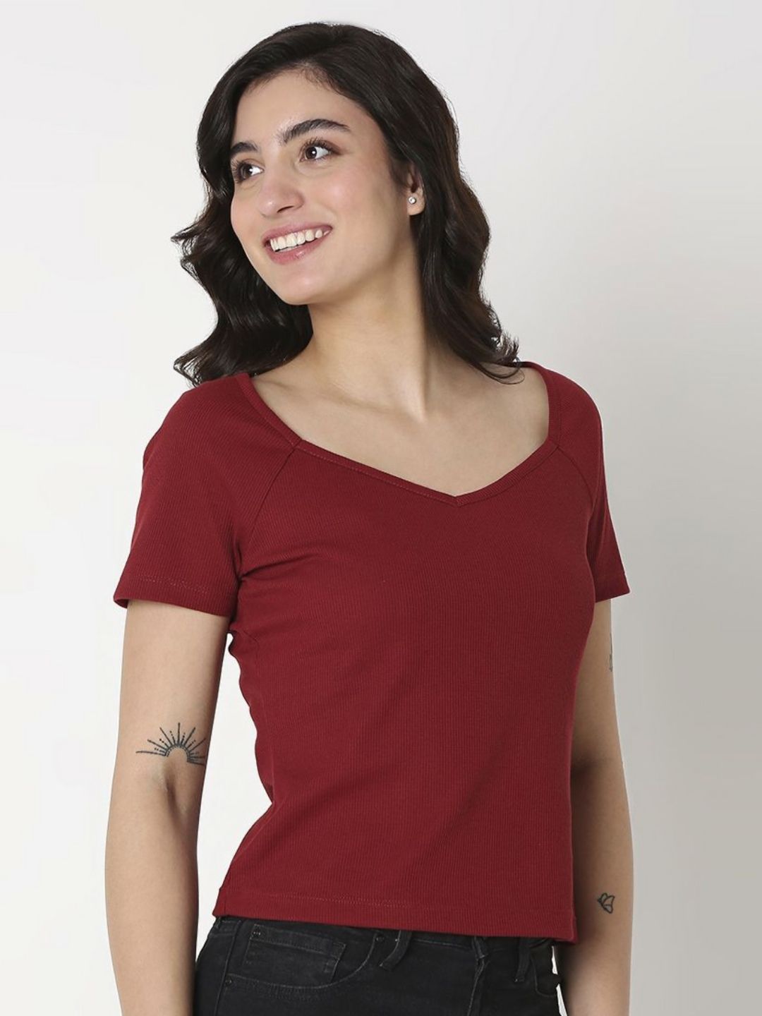 SPYKAR Women Solid V-Neck Cotton Slim Fit T-Shirt