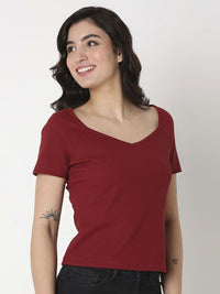 SPYKAR Women Solid V-Neck Cotton Slim Fit T-Shirt