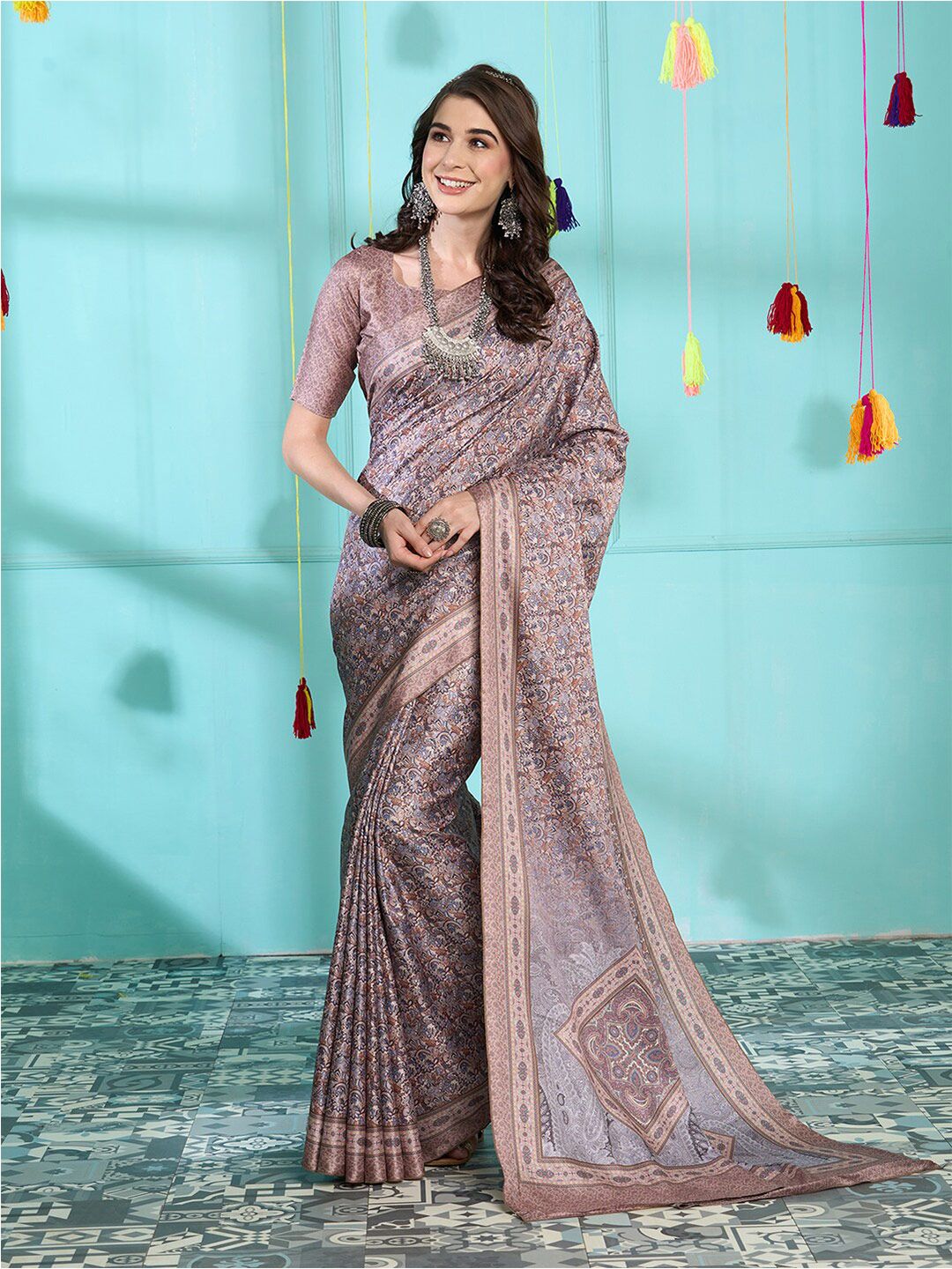 Saree mall Navy Blue & Mauve Ethnic Motifs Printed Pashmina Sarees