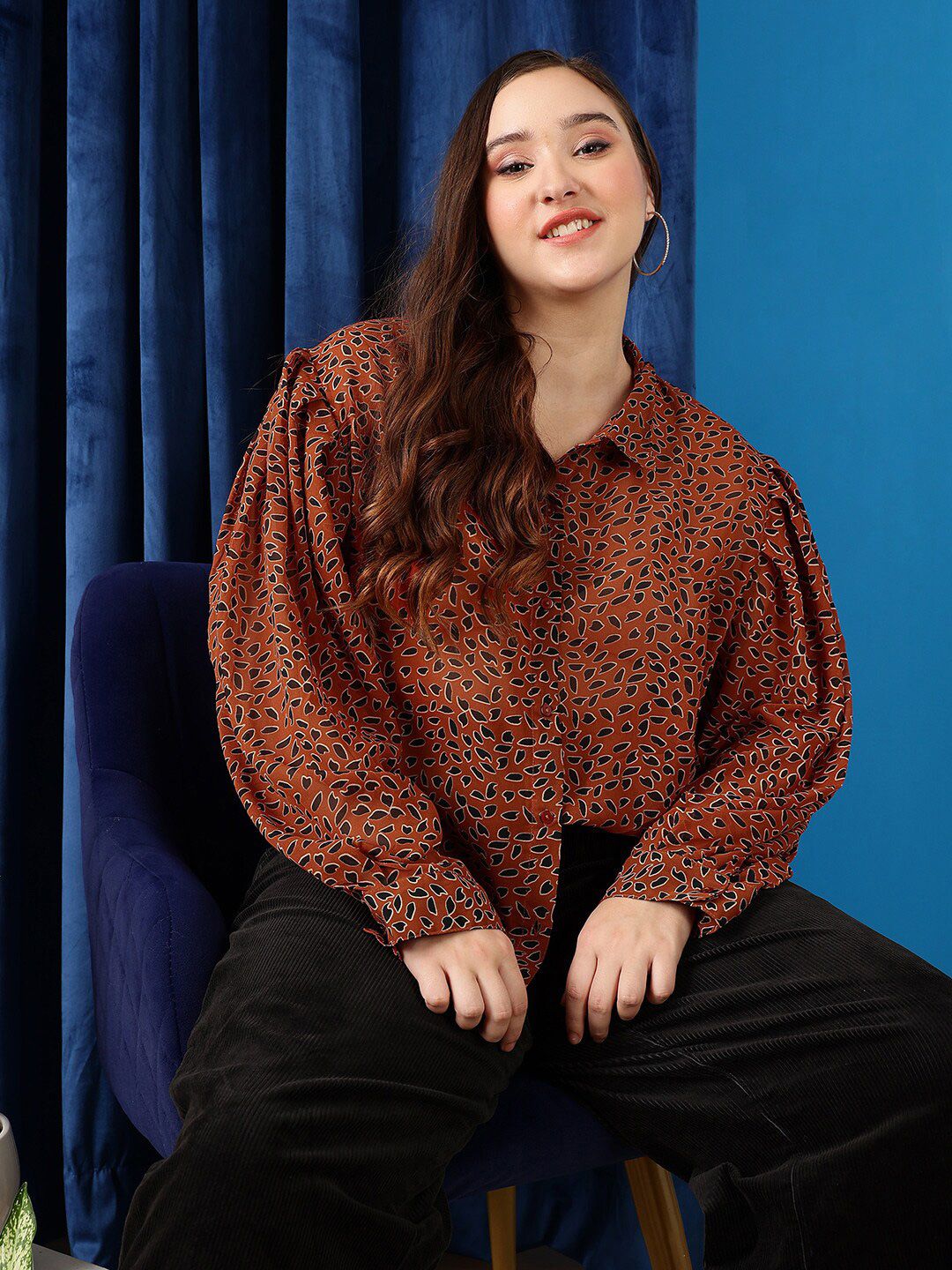 CURVY STREET Abstract Printed Puff Sleeves Oversized Shirt