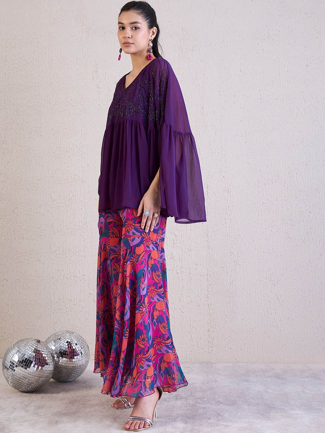 Antheaa Purple Embellished V-Neck Three Quarter Sleeve Top & Sharara