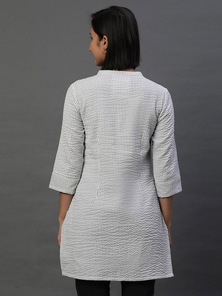 AURELIA Striped Mandarin Collar Thread Work Pure Cotton Kurti