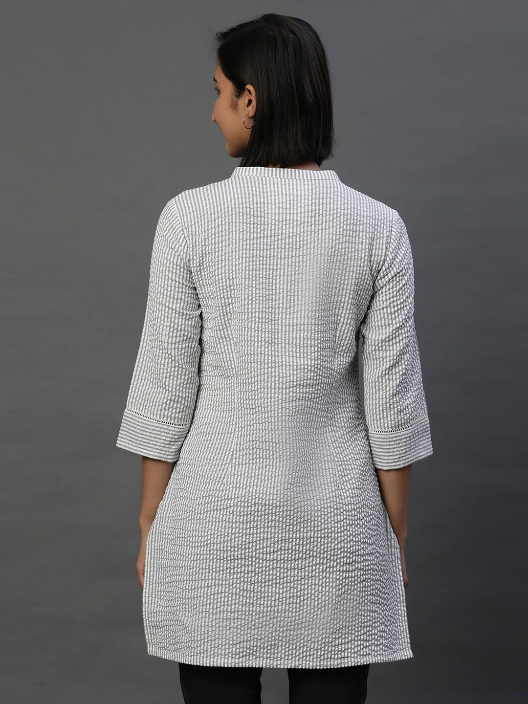 AURELIA Striped Mandarin Collar Thread Work Pure Cotton Kurti