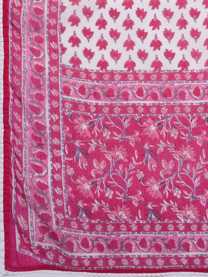 Libas Floral Printed Pleated Pure Cotton Kurta with Trousers & Dupatta