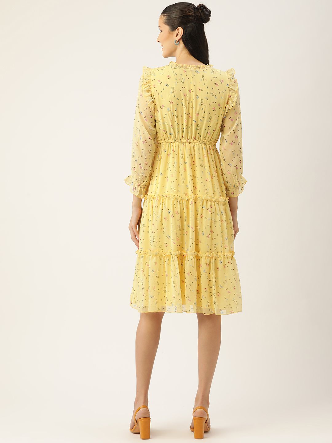 Antheaa Yellow Floral Chiffon Midi Dress