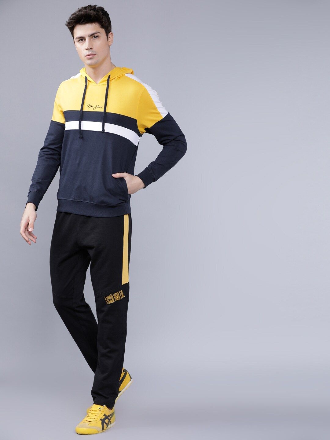 The Indian Garage Co Men Navy Blue & Yellow Colourblocked Hooded Sweatshirt