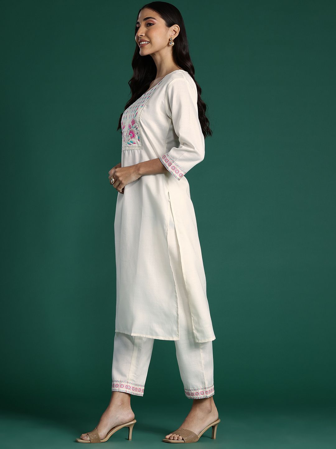 Indo Era Yoke Design Zari Pure Cotton Kurta With Trousers & Dupatta
