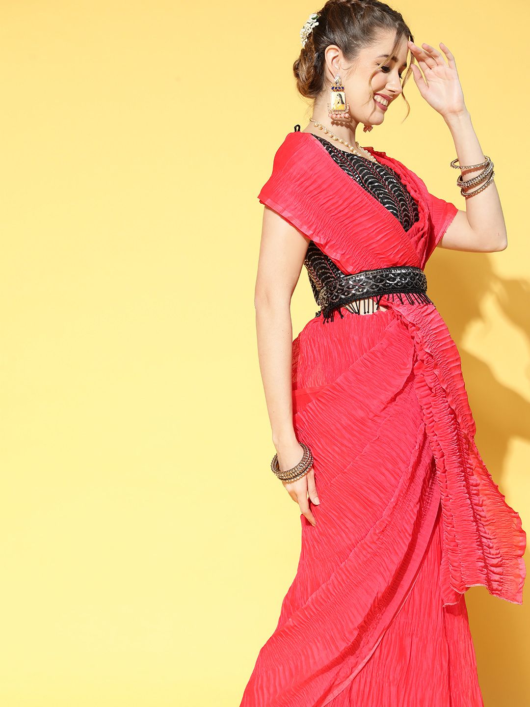 Saree mall Magenta & Black Solid Party Saree with Matching Blouse