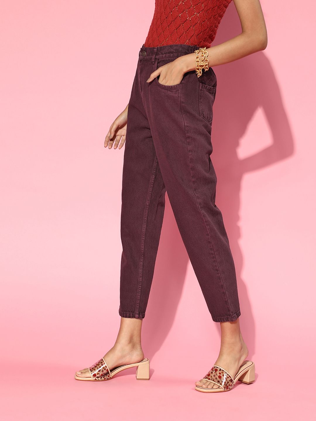 SASSAFRAS Women Deep Burgundy High-Rise Mom Fit Cropped Jeans